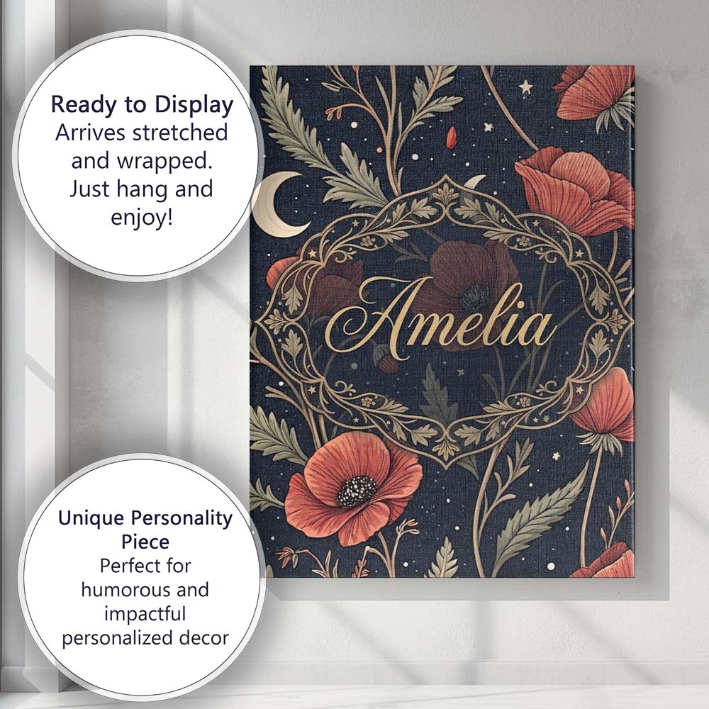 Personalised Name Red Poppy Flowers Moon Stars Night Sky Seamless Custom  Bespoke Canvas Wall Art Print Decor Picture Ready to Hang
