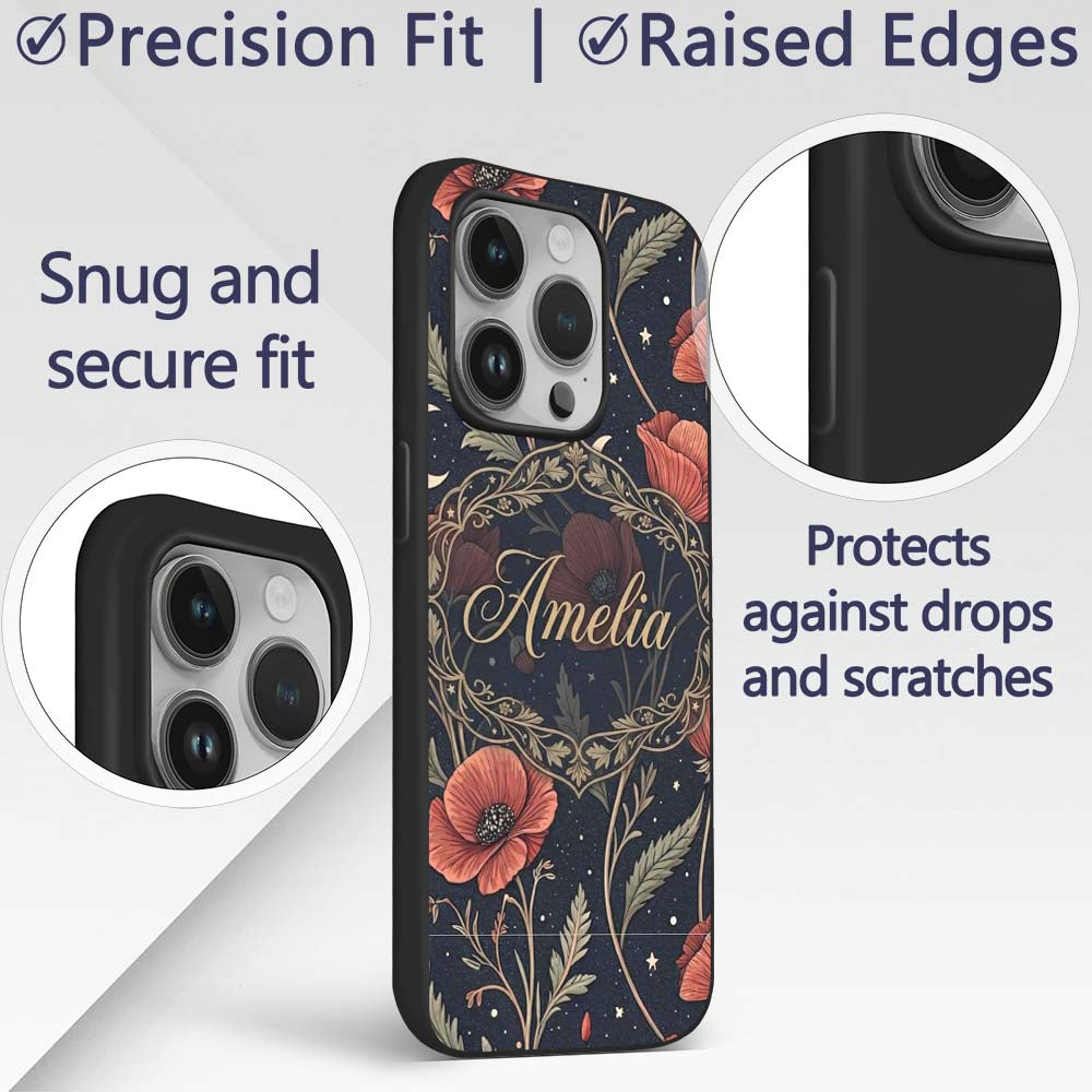 Red Poppy Flowers Moon Stars Night Sky Seamless Custom Name Protective Phone Case Mobile Cover Durable Everyday Smartphone Shock Resistant