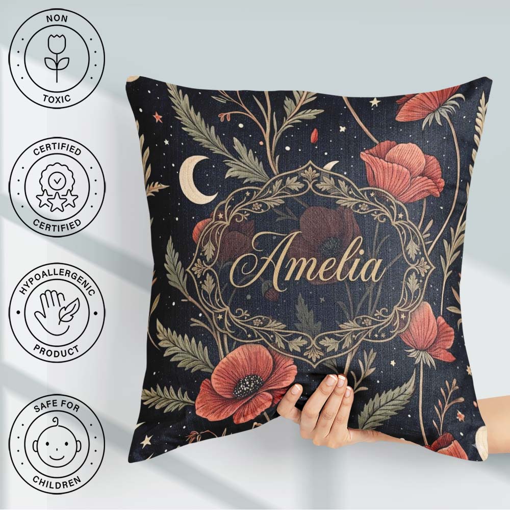 Custom Name Red Poppy Flowers Moon Stars Night Seamless Pattern Square Filled Cushion Throw Pillow Sofa Bed Home Decor Zip Washable UK Made