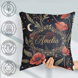 Custom Name Red Poppy Flowers Moon Stars Night Seamless Pattern Square Filled Cushion Throw Pillow Sofa Bed Home Decor Zip Washable UK Made