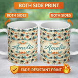 Personalized Custom Name Vintage Tropical Palm Tree Sunset Beach Seamless Pattern Name Cute 11oz Ceramic Coffee Tea Mug White Large Handle
