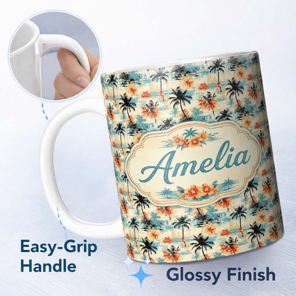 Personalized Custom Name Vintage Tropical Palm Tree Sunset Beach Seamless Pattern Name Cute 11oz Ceramic Coffee Tea Mug White Large Handle