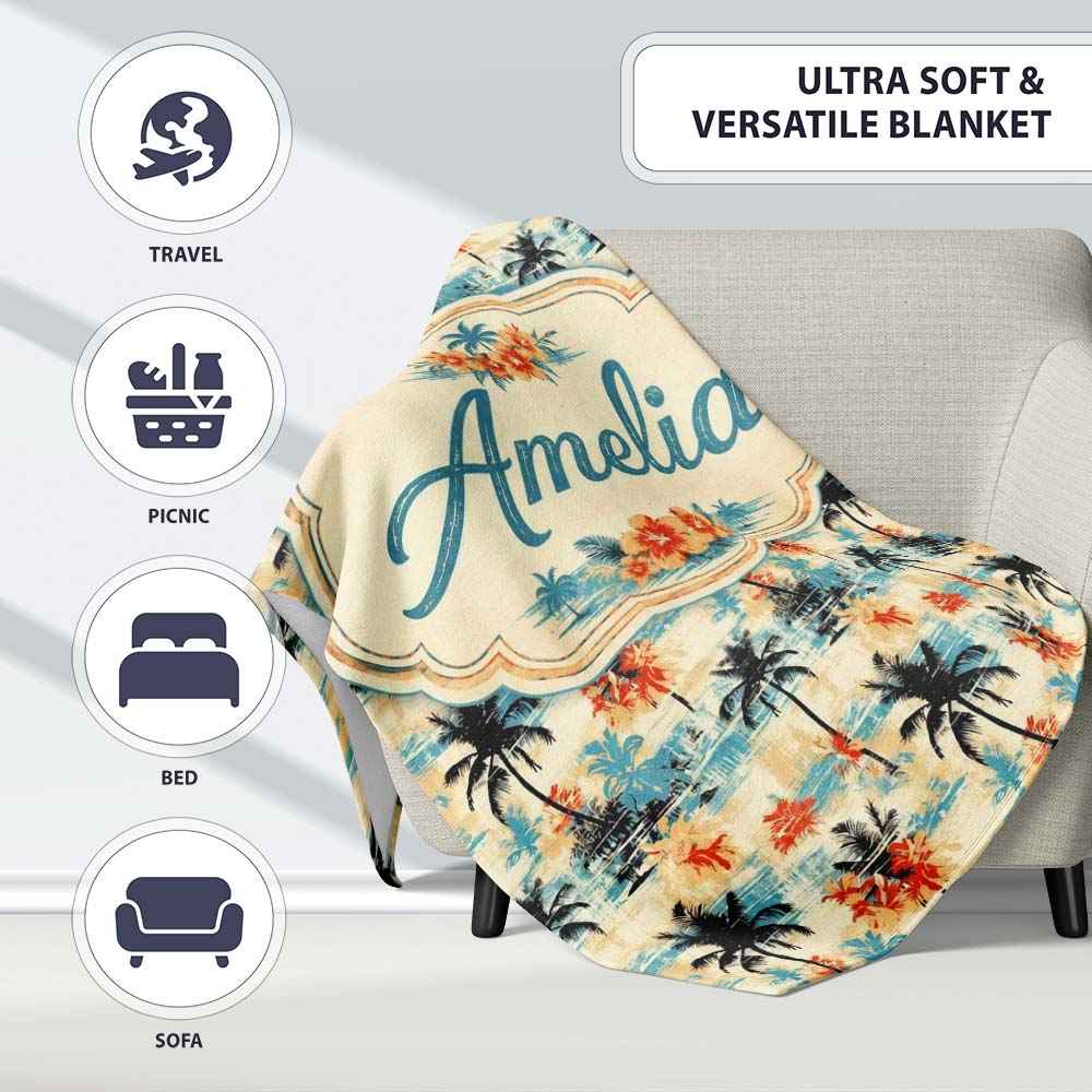 Vintage Tropical Palm Tree Sunset Beach Seamless Pattern Name Cute  Personalised Custom Name Super Soft Fleece Blanket Bed Sofa Throw