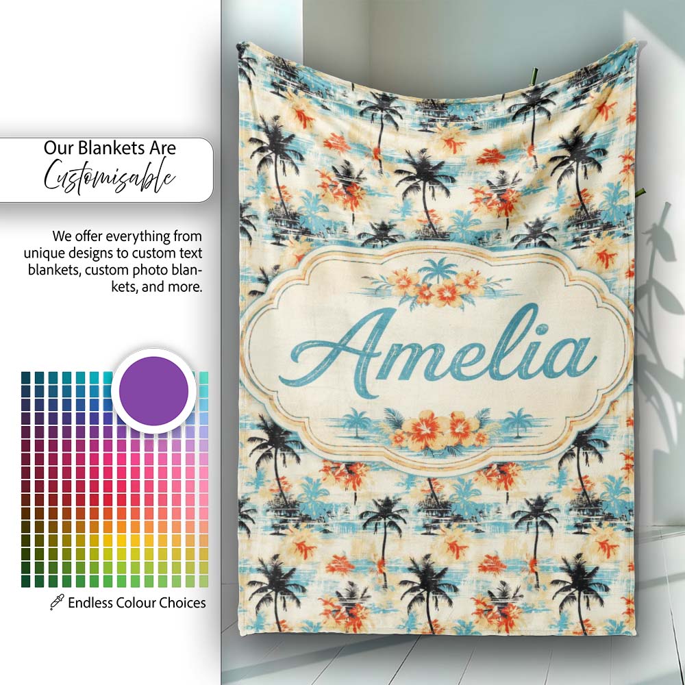 Vintage Tropical Palm Tree Sunset Beach Seamless Pattern Name Cute  Personalised Custom Name Super Soft Fleece Blanket Bed Sofa Throw