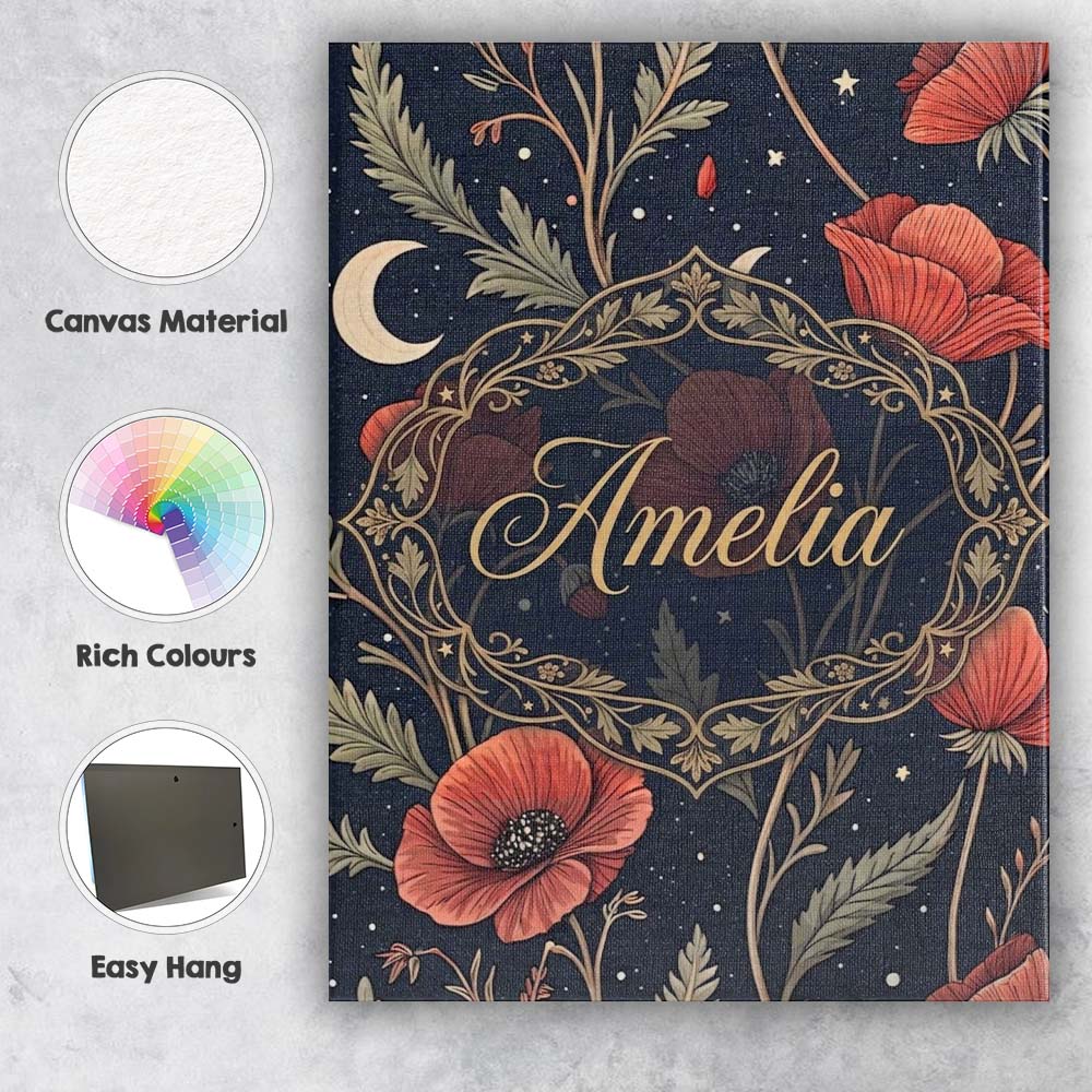 Personalised Name Red Poppy Flowers Moon Stars Night Sky Seamless Custom  Bespoke Canvas Wall Art Print Decor Picture Ready to Hang