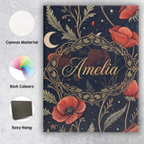 Personalised Name Red Poppy Flowers Moon Stars Night Sky Seamless Custom  Bespoke Canvas Wall Art Print Decor Picture Ready to Hang