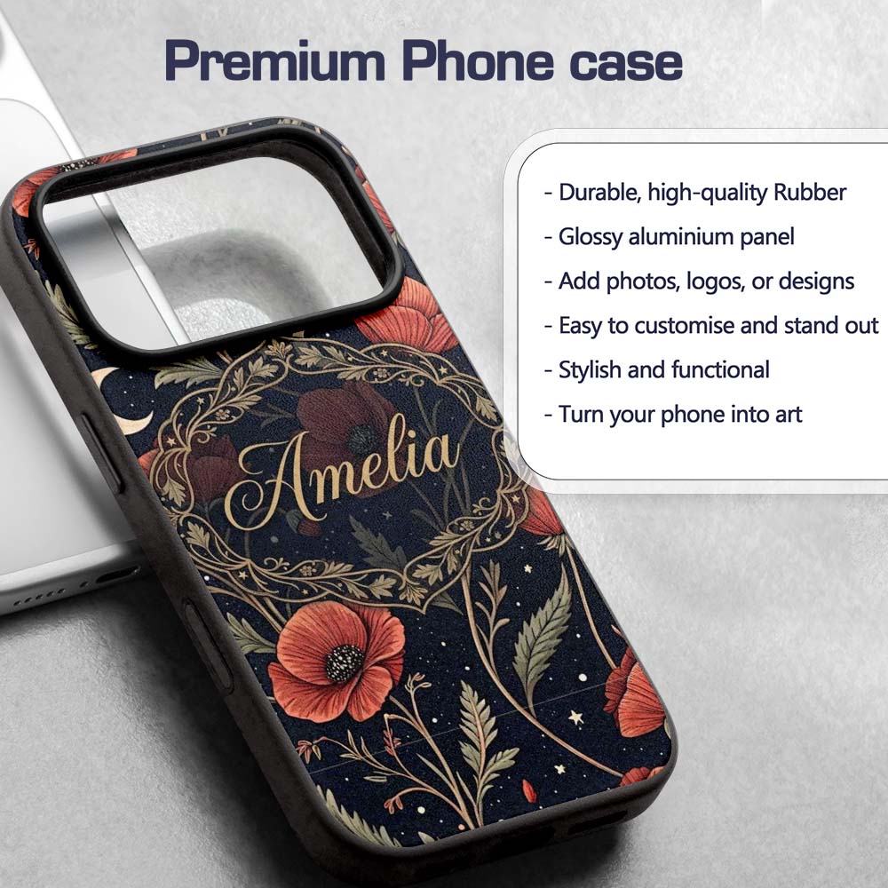Red Poppy Flowers Moon Stars Night Sky Seamless Custom Name Protective Phone Case Mobile Cover Durable Everyday Smartphone Shock Resistant