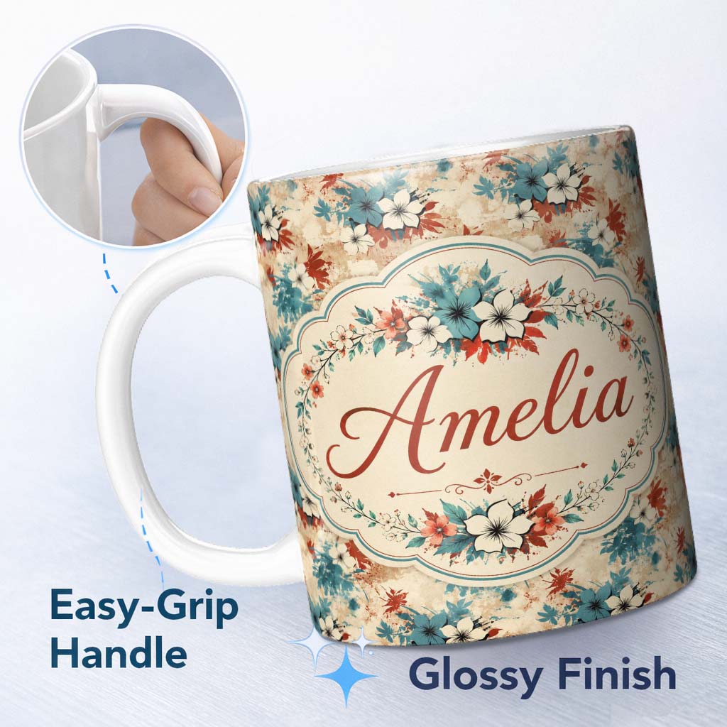 Personalized Custom Name Abstract Tropical Hibiscus Floral Splash Seamless Pattern Custom 11oz Ceramic Coffee Tea Mug White Large Handle