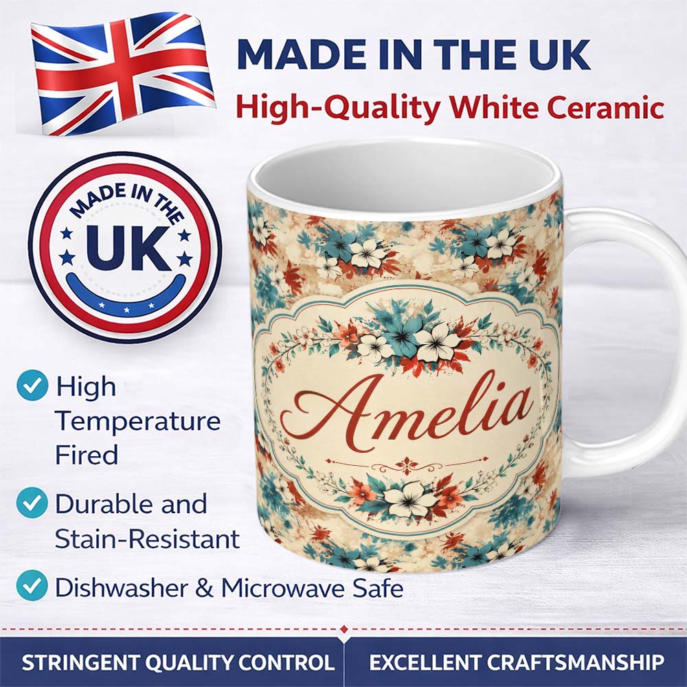 Personalized Custom Name Abstract Tropical Hibiscus Floral Splash Seamless Pattern Custom 11oz Ceramic Coffee Tea Mug White Large Handle