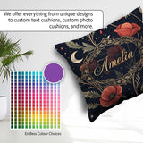 Custom Name Red Poppy Flowers Moon Stars Night Seamless Pattern Square Filled Cushion Throw Pillow Sofa Bed Home Decor Zip Washable UK Made