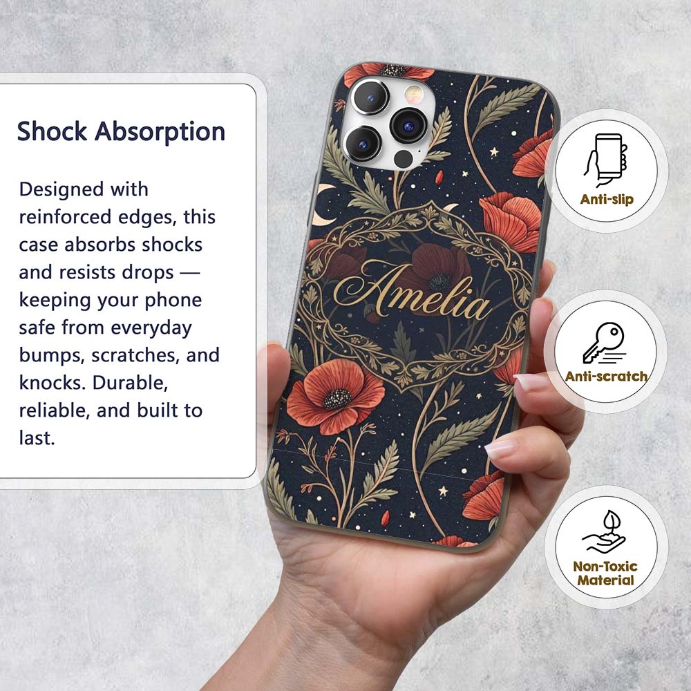 Red Poppy Flowers Moon Stars Night Sky Seamless Custom Name Protective Phone Case Mobile Cover Durable Everyday Smartphone Shock Resistant