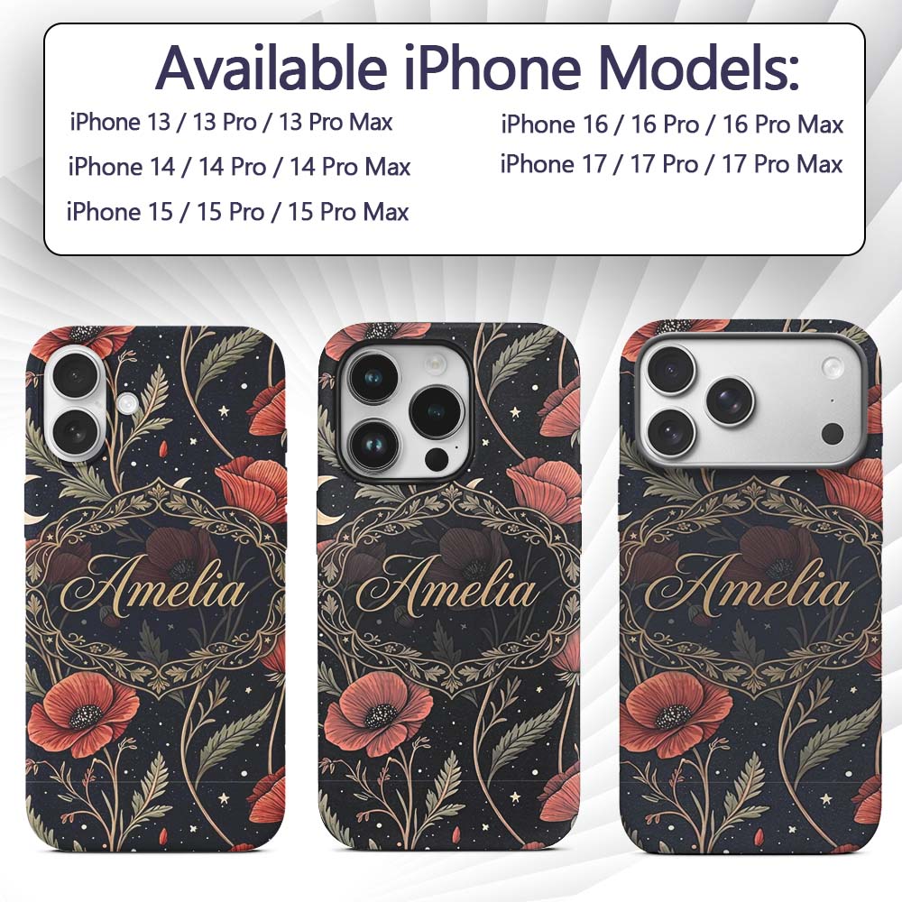 Red Poppy Flowers Moon Stars Night Sky Seamless Custom Name Protective Phone Case Mobile Cover Durable Everyday Smartphone Shock Resistant