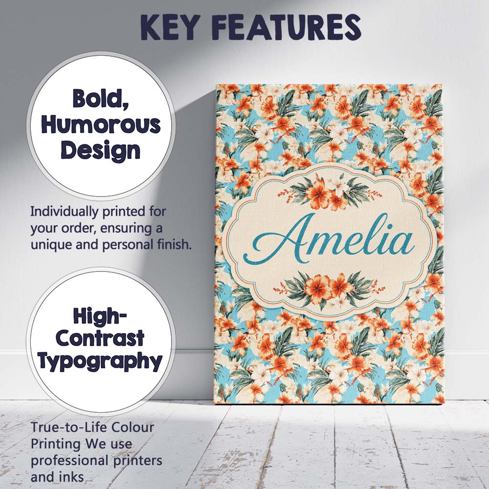 Personalised Name Soft Blue Tropical Custom Premium Decorative Design Modern Room Accent Canvas Wall Art Print Decor Picture Ready to Hang