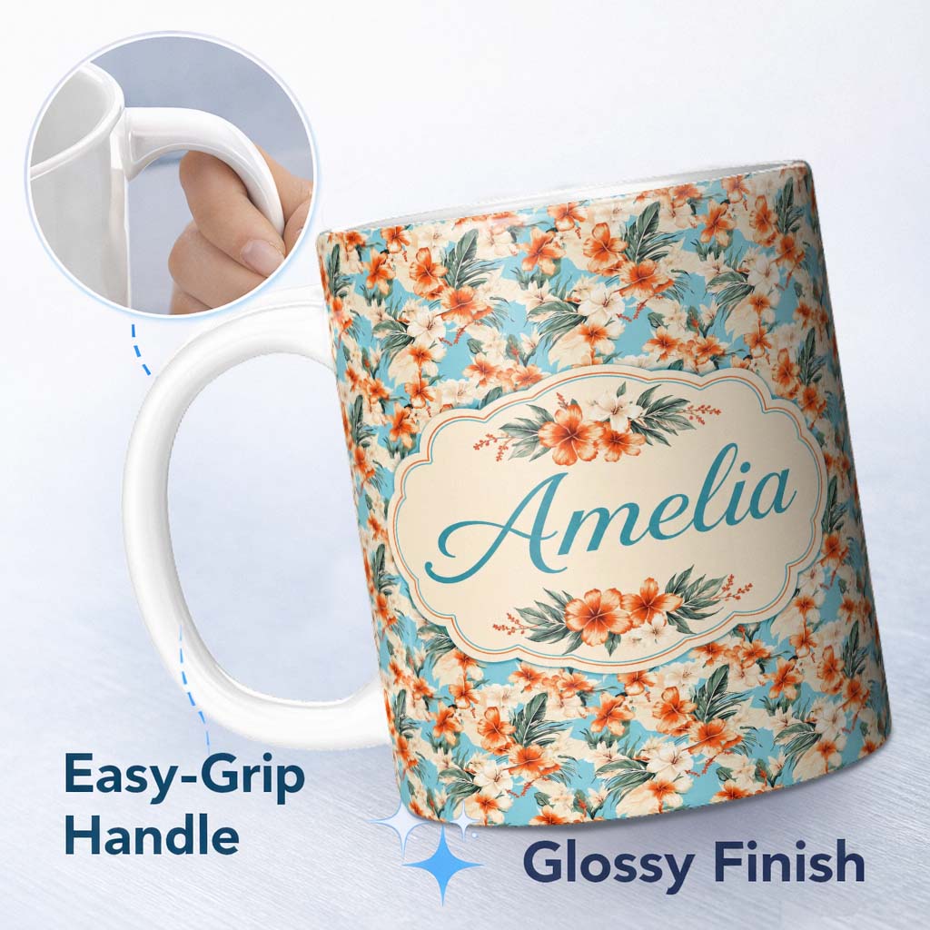 Personalized Custom Name Soft Blue Tropical Hibiscus Island Floral Seamless Pattern Name Cute 11oz Ceramic Coffee Tea Mug White Large Handle