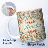 Personalized Custom Name Soft Blue Tropical Hibiscus Island Floral Seamless Pattern Name Cute 11oz Ceramic Coffee Tea Mug White Large Handle