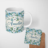 Personalized Custom Name White Hibiscus Blue Leaf Tropical Floral Seamless Pattern Custom 11oz Ceramic Coffee Tea Mug White Large Handle
