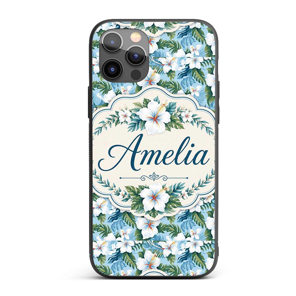 White Hibiscus Blue Leaf Tropical Floral Seamless Custom Name Protective Phone Case Mobile Cover Durable Everyday Smartphone Shock Resistant