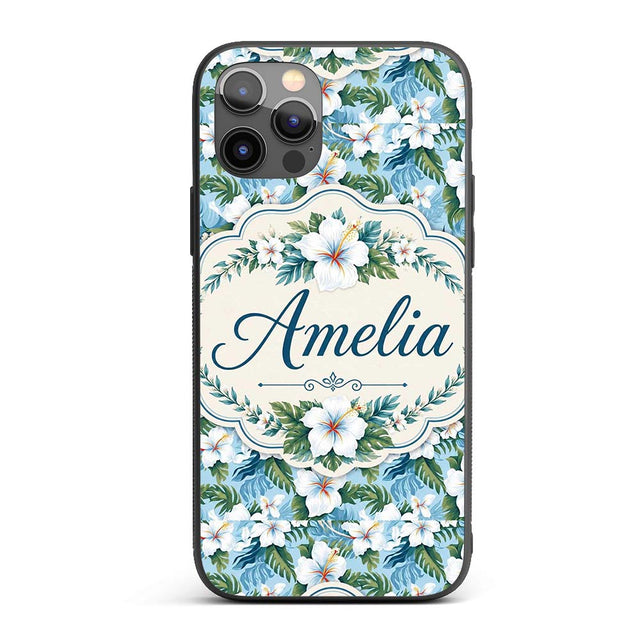 White Hibiscus Blue Leaf Tropical Floral Seamless Custom Name Protective Phone Case Mobile Cover Durable Everyday Smartphone Shock Resistant