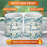 Personalized Custom Name White Hibiscus Blue Leaf Tropical Floral Seamless Pattern Custom 11oz Ceramic Coffee Tea Mug White Large Handle