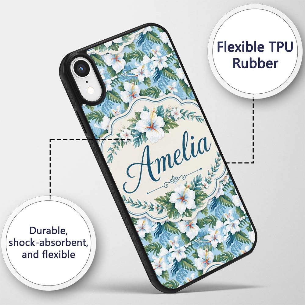 White Hibiscus Blue Leaf Tropical Floral Seamless Custom Name Protective Phone Case Mobile Cover Durable Everyday Smartphone Shock Resistant