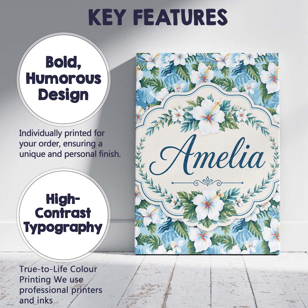 Personalised Name White Hibiscus Blue Leaf Custom  Unique Gift Idea Elegant Feature Canvas Wall Art Print Decor Picture Ready to Hang