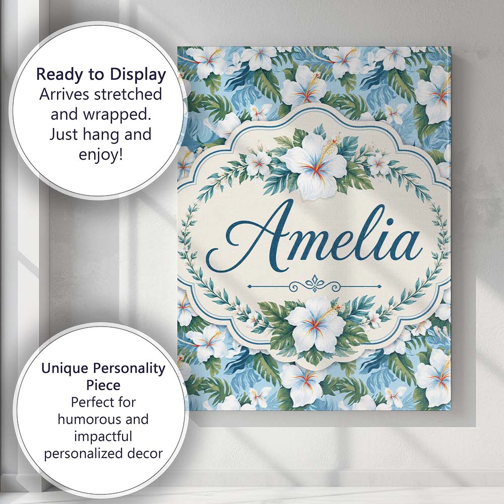 Personalised Name White Hibiscus Blue Leaf Custom  Unique Gift Idea Elegant Feature Canvas Wall Art Print Decor Picture Ready to Hang