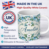 Personalized Custom Name White Hibiscus Blue Leaf Tropical Floral Seamless Pattern Custom 11oz Ceramic Coffee Tea Mug White Large Handle