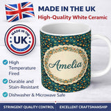 Personalized Custom Name Artistic Blue and Gold Heart Swirl Textured Seamless Pattern Lovely 11oz Ceramic Coffee Tea Mug White Large Handle