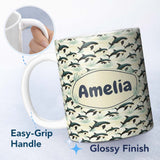 Personalized Custom Name Orca Whale Coastal Landscape Seamless Pattern Ocean Nature Scene 11oz Ceramic Coffee Tea Mug White Large Handle