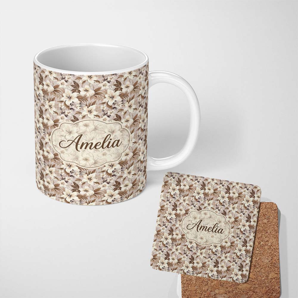 Personalized Custom Name Neutral Beige Tropical Hibiscus Floral Seamless Pattern Name Cute 11oz Ceramic Coffee Tea Mug White Large Handle