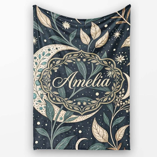 Botanical Crescent Moon Leaves Starry Night Seamless Pattern Lovely  Personalised Custom Name Super Soft Fleece Blanket Bed Sofa Throw