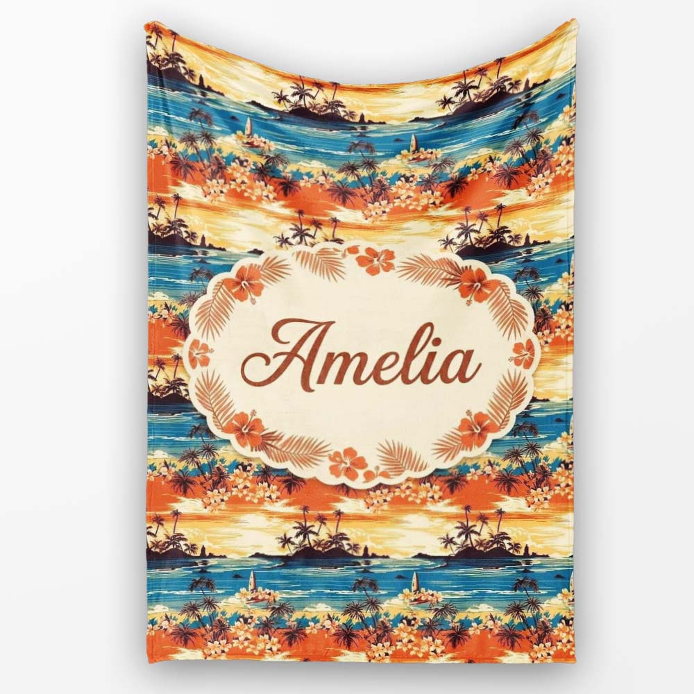 Tropical Island Sunset Palm Scene Seamless Pattern Name Cute Unique  Personalised Custom Name Super Soft Fleece Blanket Bed Sofa Throw