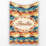 Tropical Island Sunset Palm Scene Seamless Pattern Name Cute Unique  Personalised Custom Name Super Soft Fleece Blanket Bed Sofa Throw