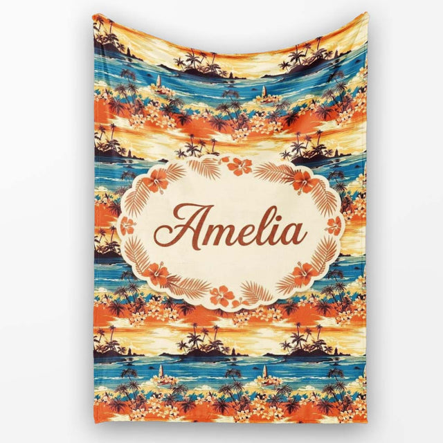 Tropical Island Sunset Palm Scene Seamless Pattern Name Cute Unique  Personalised Custom Name Super Soft Fleece Blanket Bed Sofa Throw