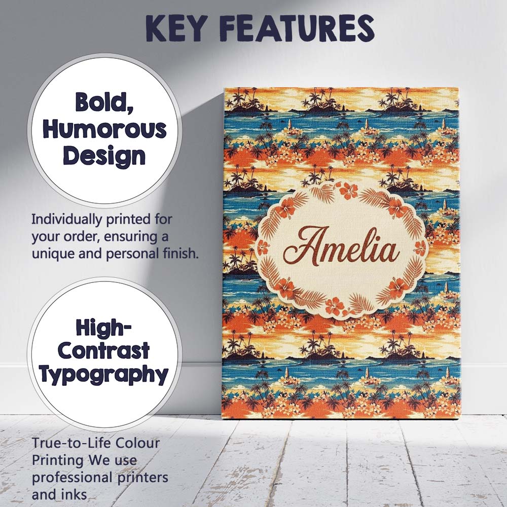 Personalised Name Tropical Island Sunset Custom  Unique Gift Idea Elegant Feature Canvas Wall Art Print Decor Picture Ready to Hang