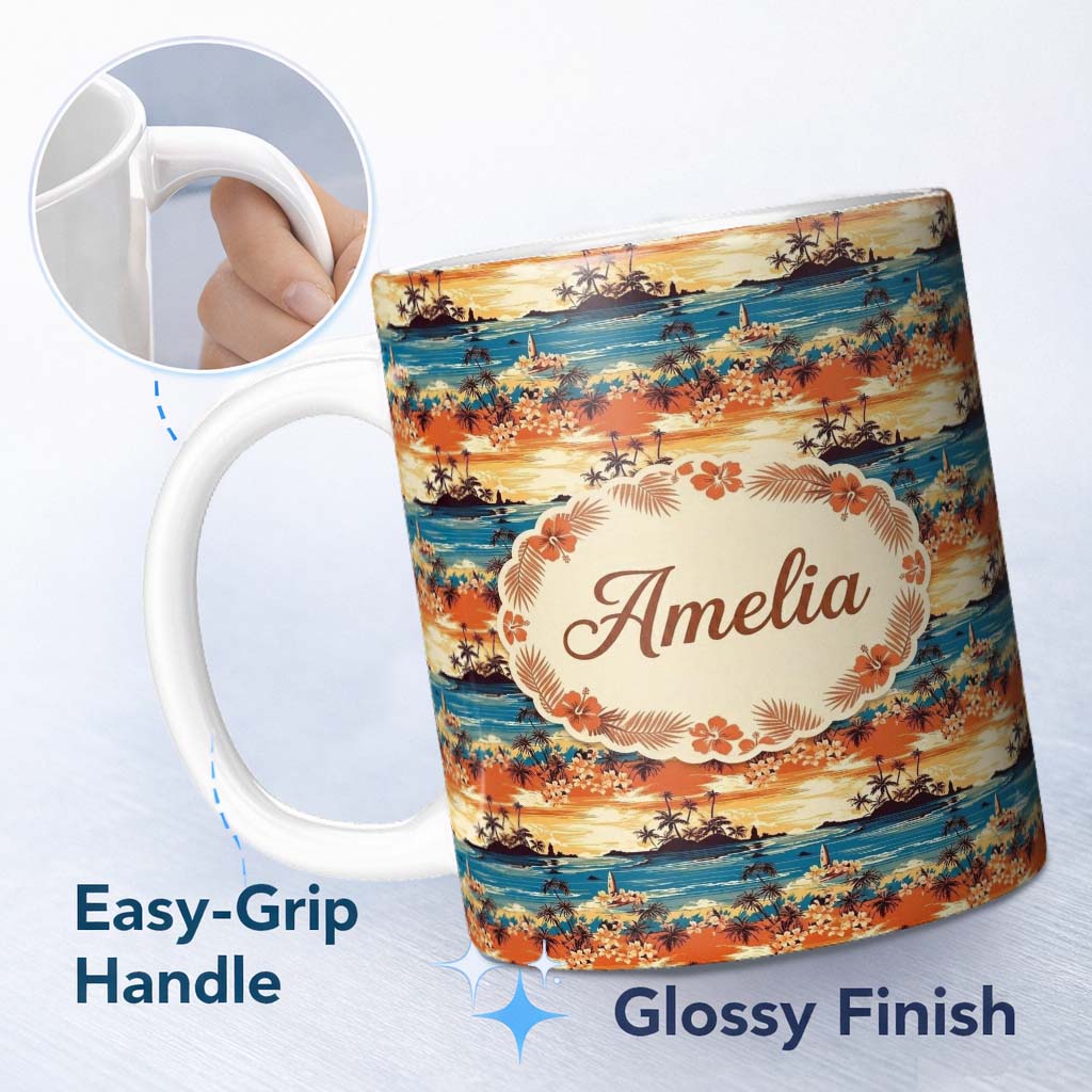 Personalized Custom Name Tropical Island Sunset Palm Scene Seamless Pattern Name Cute Unique 11oz Ceramic Coffee Tea Mug White Large Handle