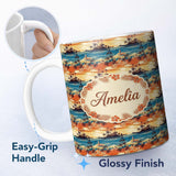 Personalized Custom Name Tropical Island Sunset Palm Scene Seamless Pattern Name Cute Unique 11oz Ceramic Coffee Tea Mug White Large Handle