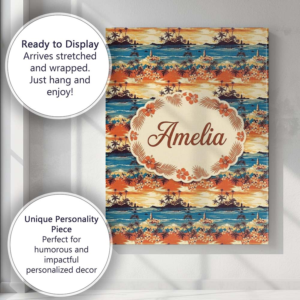 Personalised Name Tropical Island Sunset Custom  Unique Gift Idea Elegant Feature Canvas Wall Art Print Decor Picture Ready to Hang