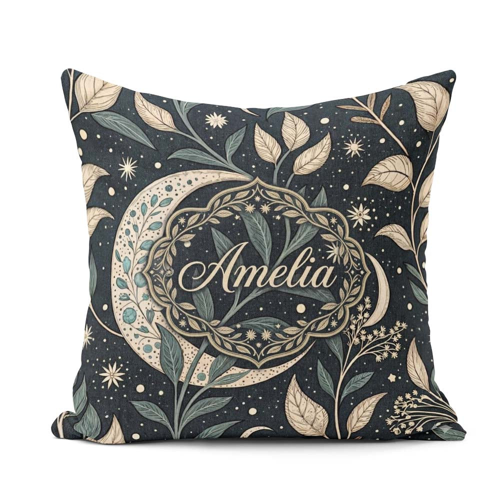 Custom Name Botanical Crescent Moon Leaves Starry Night Seamless Square Filled Cushion Throw Pillow Sofa Bed Home Decor Zip Washable UK Made