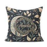 Custom Name Botanical Crescent Moon Leaves Starry Night Seamless Square Filled Cushion Throw Pillow Sofa Bed Home Decor Zip Washable UK Made