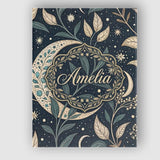 Personalised Name Botanical Crescent Moon Leaves Starry Night Custom Contemporary Display Canvas Wall Art Print Decor Picture Ready to Hang