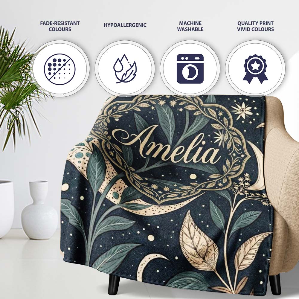Botanical Crescent Moon Leaves Starry Night Seamless Pattern Lovely  Personalised Custom Name Super Soft Fleece Blanket Bed Sofa Throw