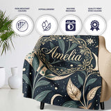 Botanical Crescent Moon Leaves Starry Night Seamless Pattern Lovely  Personalised Custom Name Super Soft Fleece Blanket Bed Sofa Throw