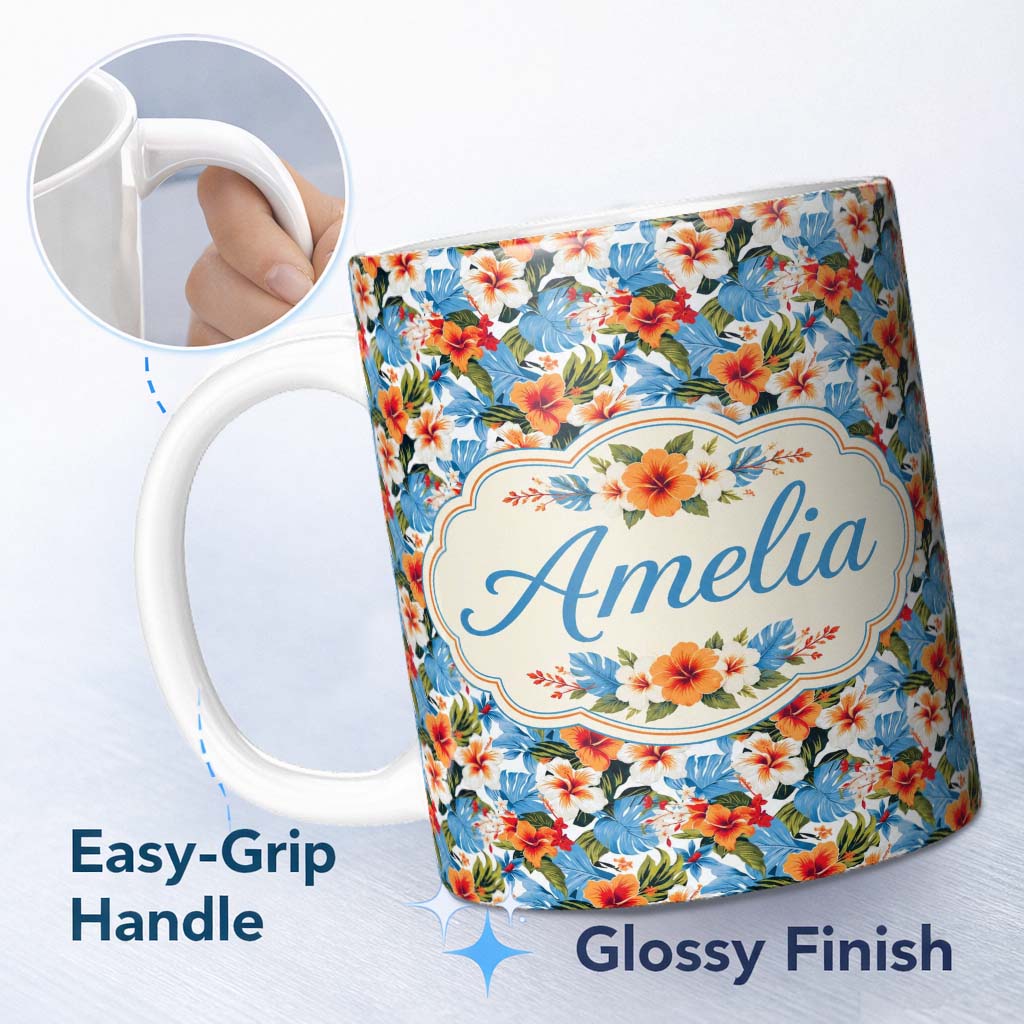 Personalized Custom Name Vibrant Blue Orange Hibiscus Tropical Floral Seamless Pattern Name 11oz Ceramic Coffee Tea Mug White Large Handle