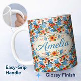 Personalized Custom Name Vibrant Blue Orange Hibiscus Tropical Floral Seamless Pattern Name 11oz Ceramic Coffee Tea Mug White Large Handle