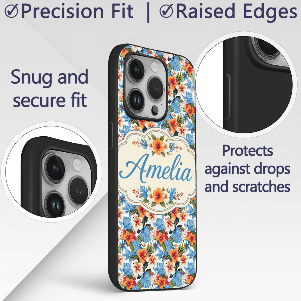 Vibrant Blue Orange Hibiscus Tropical Floral Custom Name Protective Phone Case Mobile Cover Durable Everyday Smartphone Shock Resistant