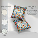 Custom Name Vibrant Blue Orange Hibiscus Tropical Floral Pattern Square Filled Cushion Throw Pillow Sofa Bed Home Decor Zip Washable UK Made