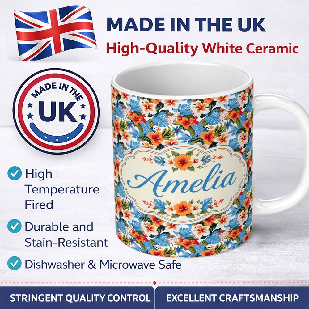 Personalized Custom Name Vibrant Blue Orange Hibiscus Tropical Floral Seamless Pattern Name 11oz Ceramic Coffee Tea Mug White Large Handle