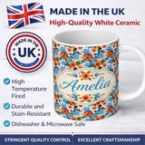 Personalized Custom Name Vibrant Blue Orange Hibiscus Tropical Floral Seamless Pattern Name 11oz Ceramic Coffee Tea Mug White Large Handle