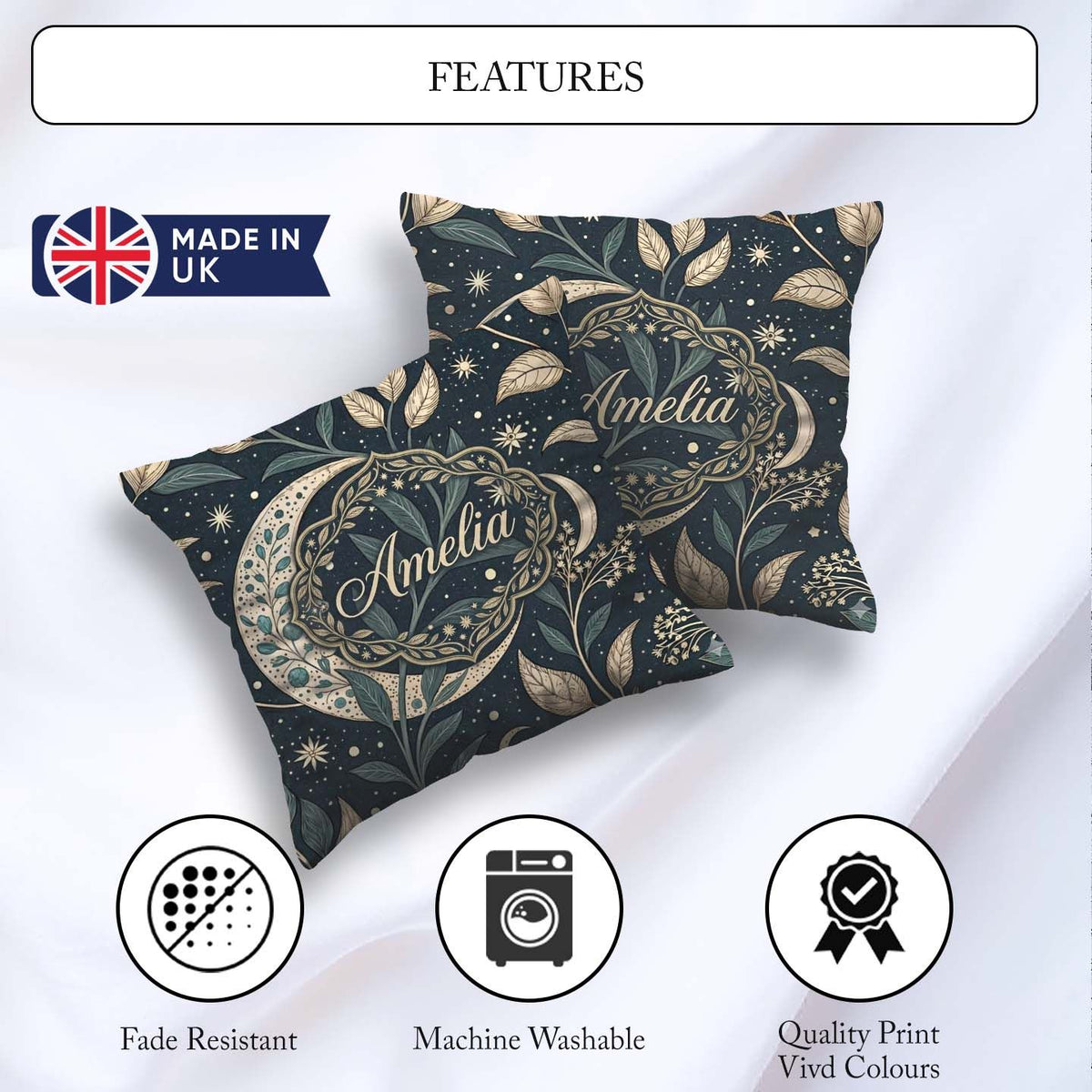 Custom Name Botanical Crescent Moon Leaves Starry Night Seamless Square Filled Cushion Throw Pillow Sofa Bed Home Decor Zip Washable UK Made